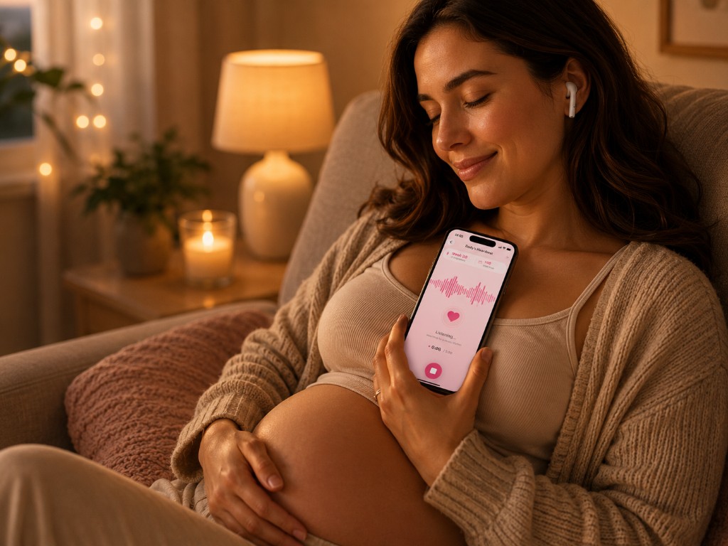 Mom listening with earbuds in a cozy bedroom