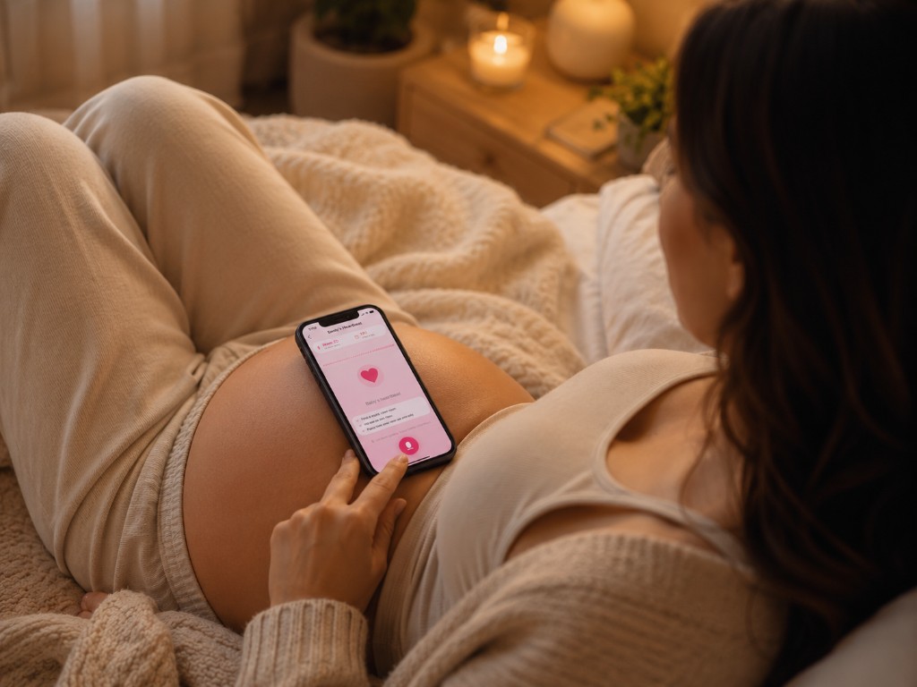 Expecting mom resting peacefully while listening to her baby's heartbeat with Bubbi