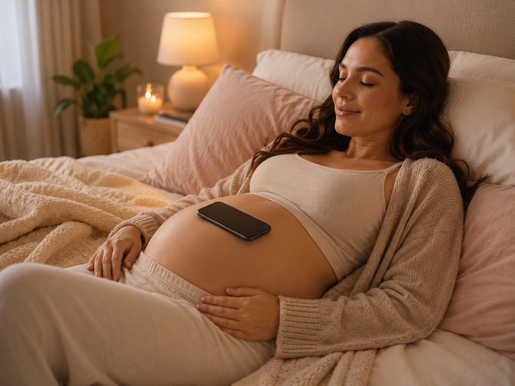 Pregnant woman relaxing in bed with Bubbi on her belly