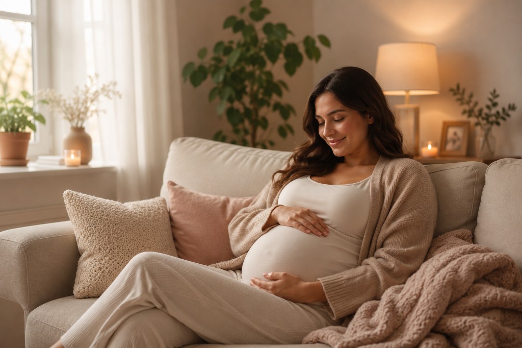 Smiling expecting mom cradling her bump on the sofa