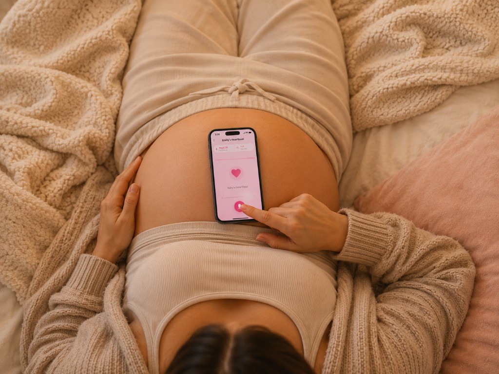 Close-up of mom tapping to listen with Bubbi